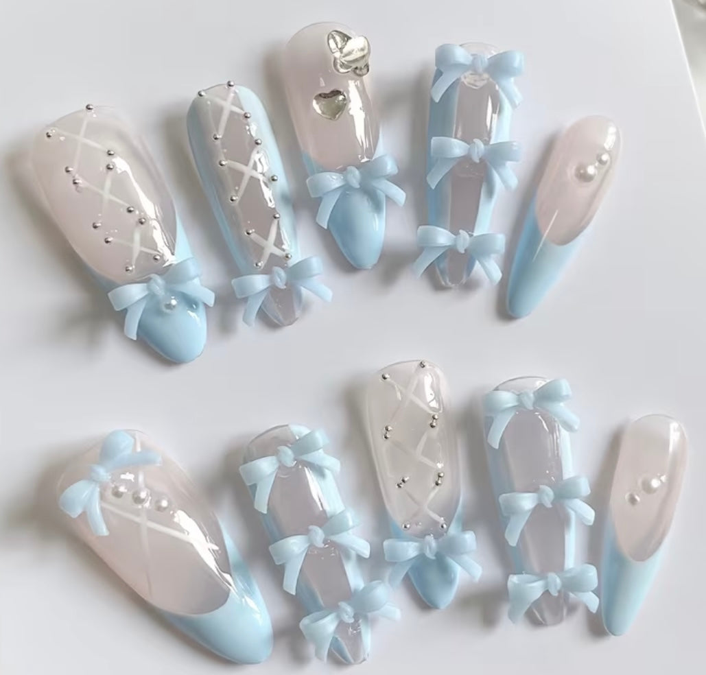 Blue Belle Bow Press-On Nails